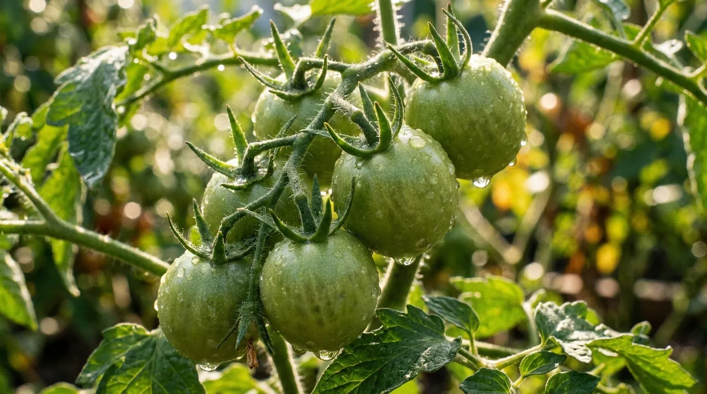 Unreife grüne Tomaten am Strauch – für Hühner wegen Solanin tabu