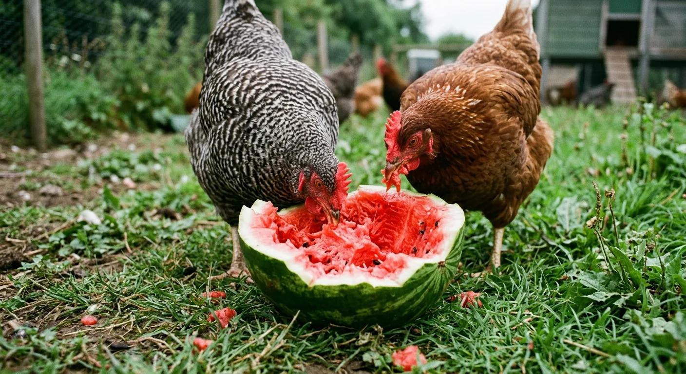 Mehrere Hühner picken im Auslauf an einer aufgeschnittenen Wassermelonenhälfte Mehrere Hühner picken im Auslauf an einer aufgeschnittenen Wassermelonenhälfte