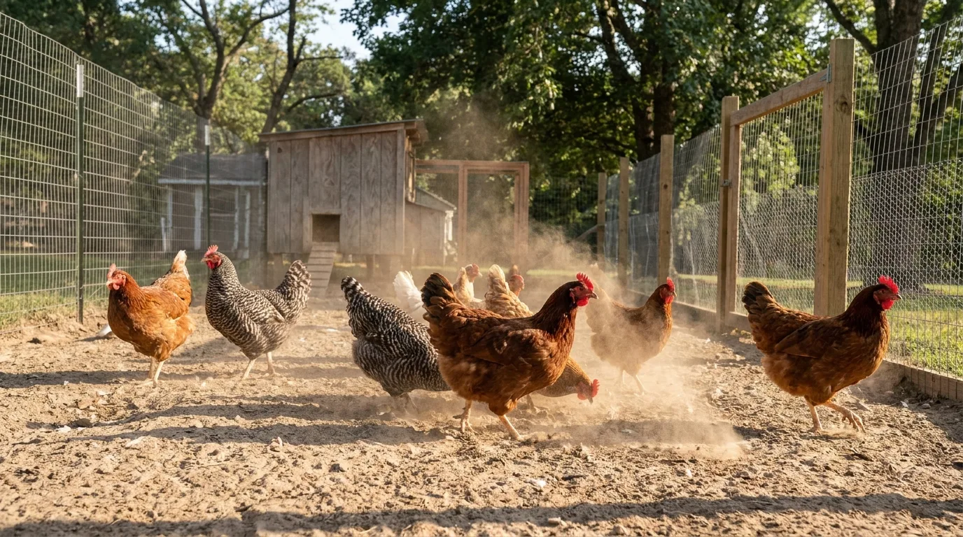 Hühner nehmen ein Sandbad in einer trockenen Ecke des weitläufigen Auslaufs