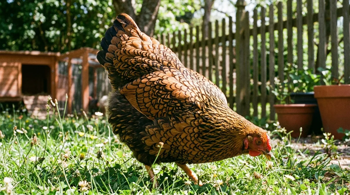 Gold-schwarzgesäumte Wyandotte-Henne mit goldbraun-schwarzem Lackmuster im sonnigen Garten