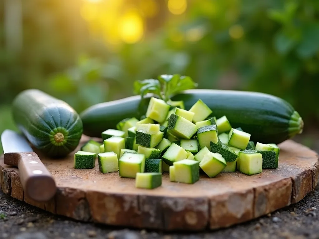 Frische Zucchini in schnabelgerechte Stücke geschnitten auf einem Holzbrett Frische Zucchini in schnabelgerechte Stücke geschnitten auf einem Holzbrett