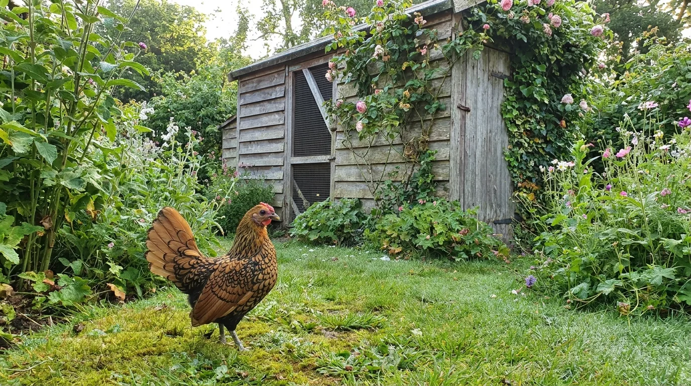 Kleines Serama-Zwerghuhn neben einem kompakten Hühnerstall im Garten